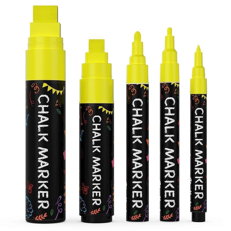 Chalkola 5 Yellow Chalkboard Chalk Markers - Yellow Dry Erase Markers for Blackboard, Chalkboard Signs, Windows, Glass | Variety Pack - Fine & Jumbo Size Ink Pen (1mm, 3mm, 6mm, 10mm, 15mm) - Image 1